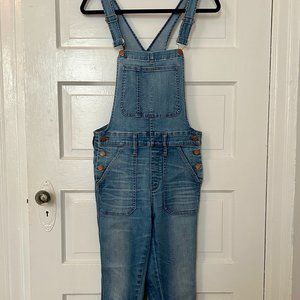 Madewell blue denim overalls with brass buttons